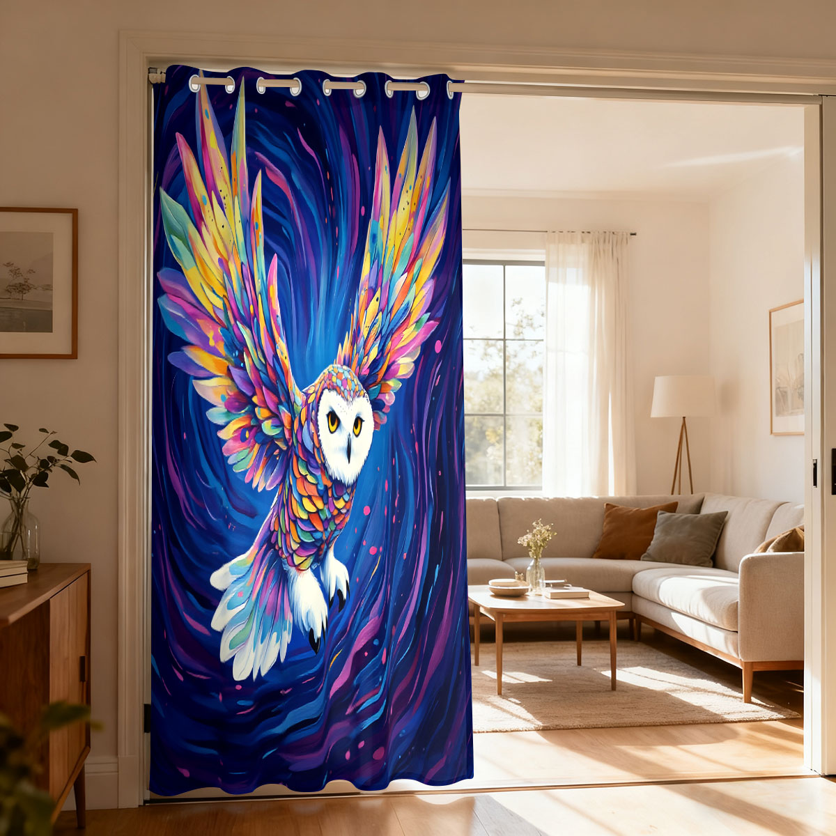 Home Decor Curtain - 1PC Kleurrijke Sterrenhemel Vliegende Uil Print