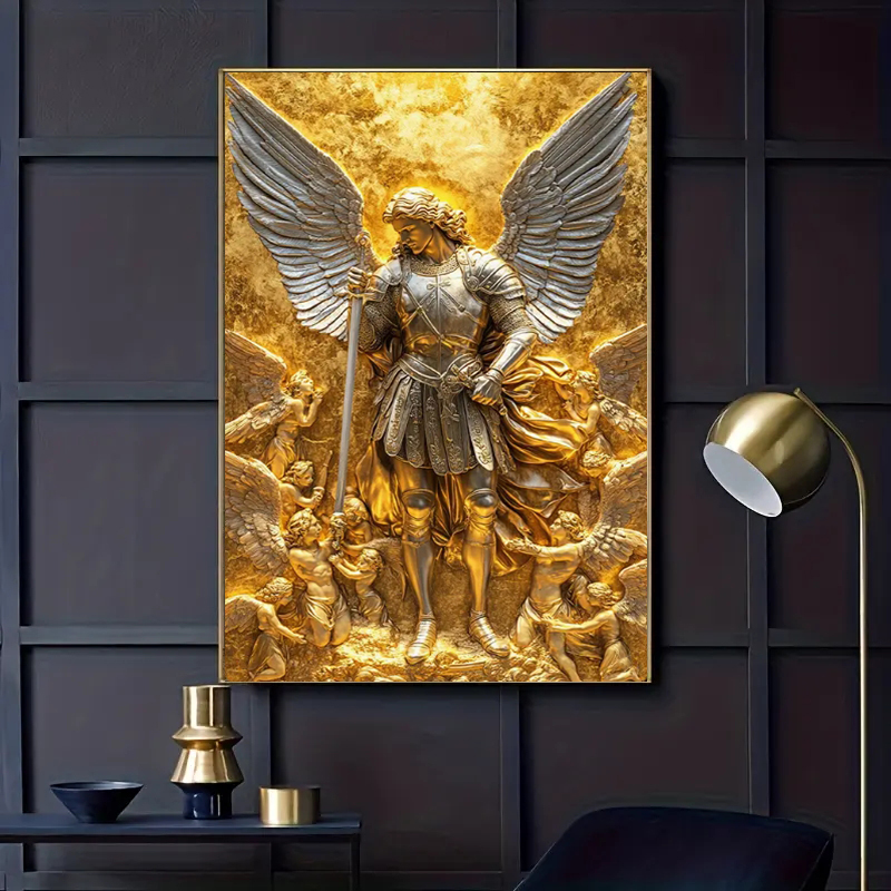 Home Decor Unique Items - Aartsengel Michaël Gouden Engel Standbeeld Muurkunst