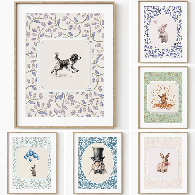Home Decor Essentials - Noordse vintage dierenposters: konijn, hond, zwaan,
