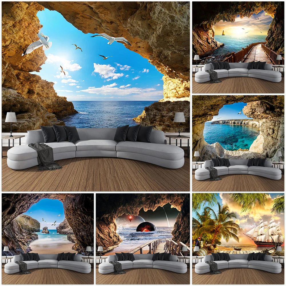 Home Decor Yoga - Berggrot Landschap Tapijt Oceaan Vogels Kokospalm