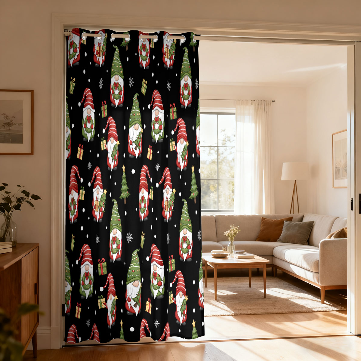 Home Decor Curtain - Kerstdwerg Kerstboom Cadeau Print Enkelvoudig lusgordijn,